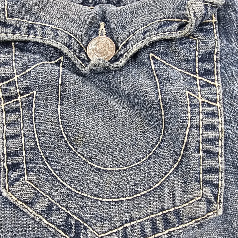 True Religion Ricky Big T Jeans Mens 33X34 Blue Distressed Bootcut VTG Y2K USA